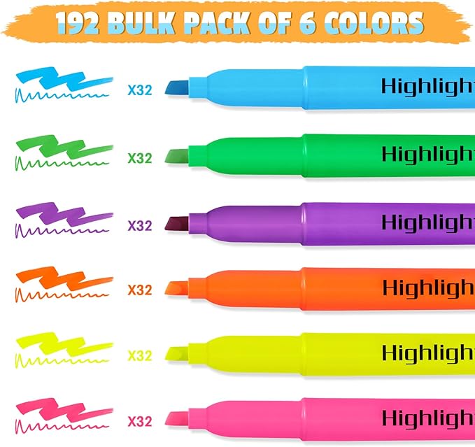 Aigybobo 192 Pack Highlighters in 6 Assorted Colors, Chisel Tip Dry-Quickly - Image 2