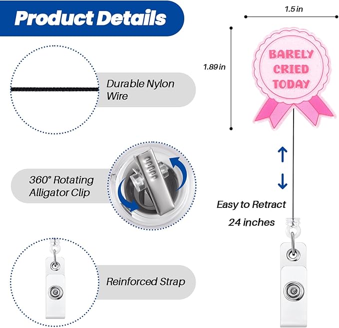 Barely Cried Today Funny Nurse Badge Reel, Cute Pink Ribbon Retractable ID Card - Image 2