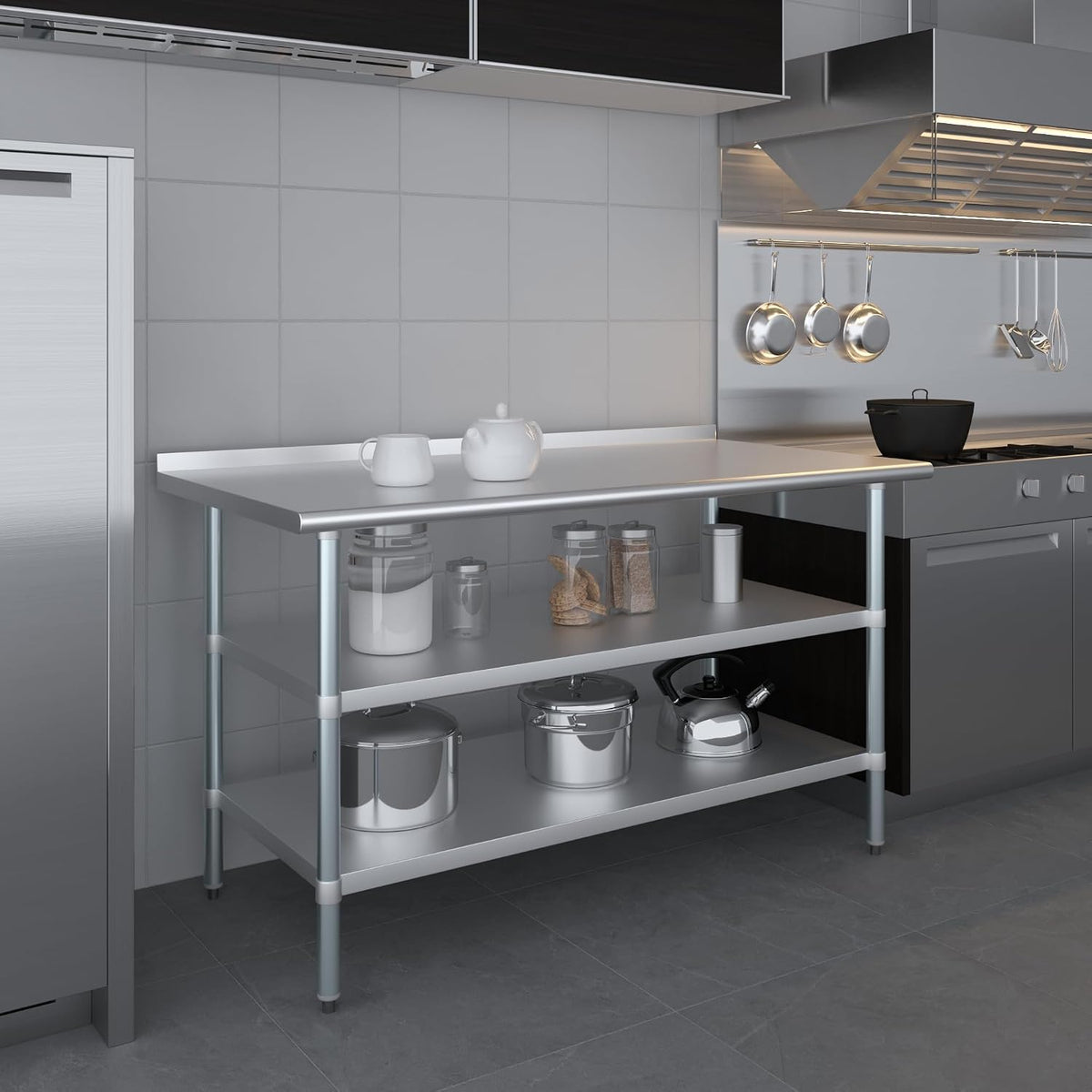AmGood Stainless Steel Work Table with 1.5" Backsplash and 2 Shelves | M...