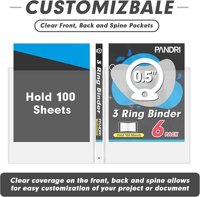 3 Ring Binder 0.5 Inch, PANDRI 6 Pack Binder Fits Letter Size 8.5'' x 11'' Paper - Image 4