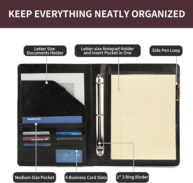 Geslun Vegan Leather 3 Ring Binder, 8.5 x 11 Letter Size Folio - Image 8