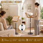 2-in-1 Dual-use Floor & Desktop Book Stand, 100% Solid Wood Book Stand, Adjustable Height 16.5"- 51" Laptop Floor Stand Book Holder with Page Clips for Cookbooks, Sheet Music (Natural Wood Color)