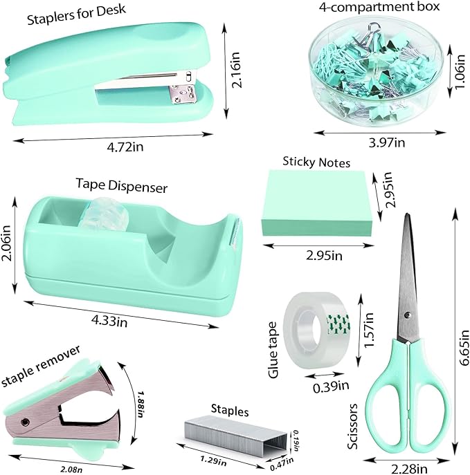 Green Office Desk Accessories, Desk Drawer Organizer, Stapler and Tape - Image 2