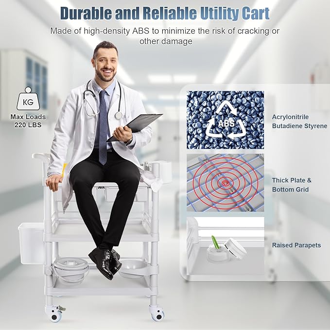 Mobile Medical Carts 3 Tier Professional Utility Cart 330 LBS Max Load Rolling - Image 4
