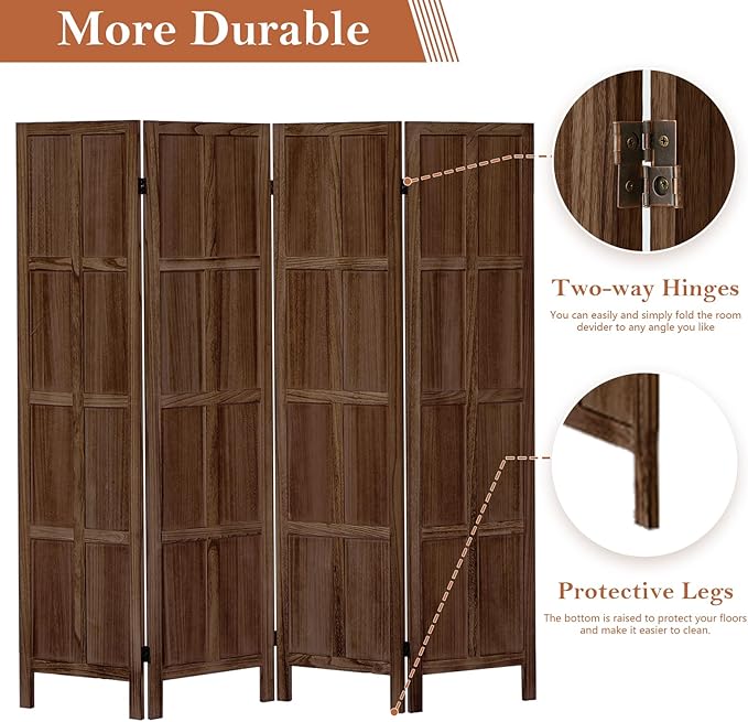 Leesinwing Wood Room Divider 4 Panel Folding Privacy Screen, Classic 5.6Ft - Image 3