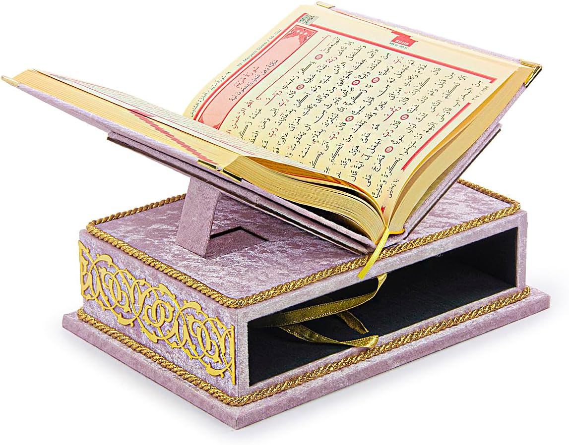 ihvan online, The Holy Arabic Quran Gift Set, Book Stand Holder, Desktop Quran Holder, Rehal, Velvet Covered Chest Rihal, Decorative Islamic Gifts for Muslims, Pink