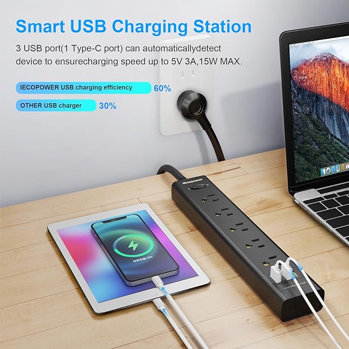 10FT Long Surge Protector Power Strip-with 5 Widely Outlets and 3 USB Ports - Image 3