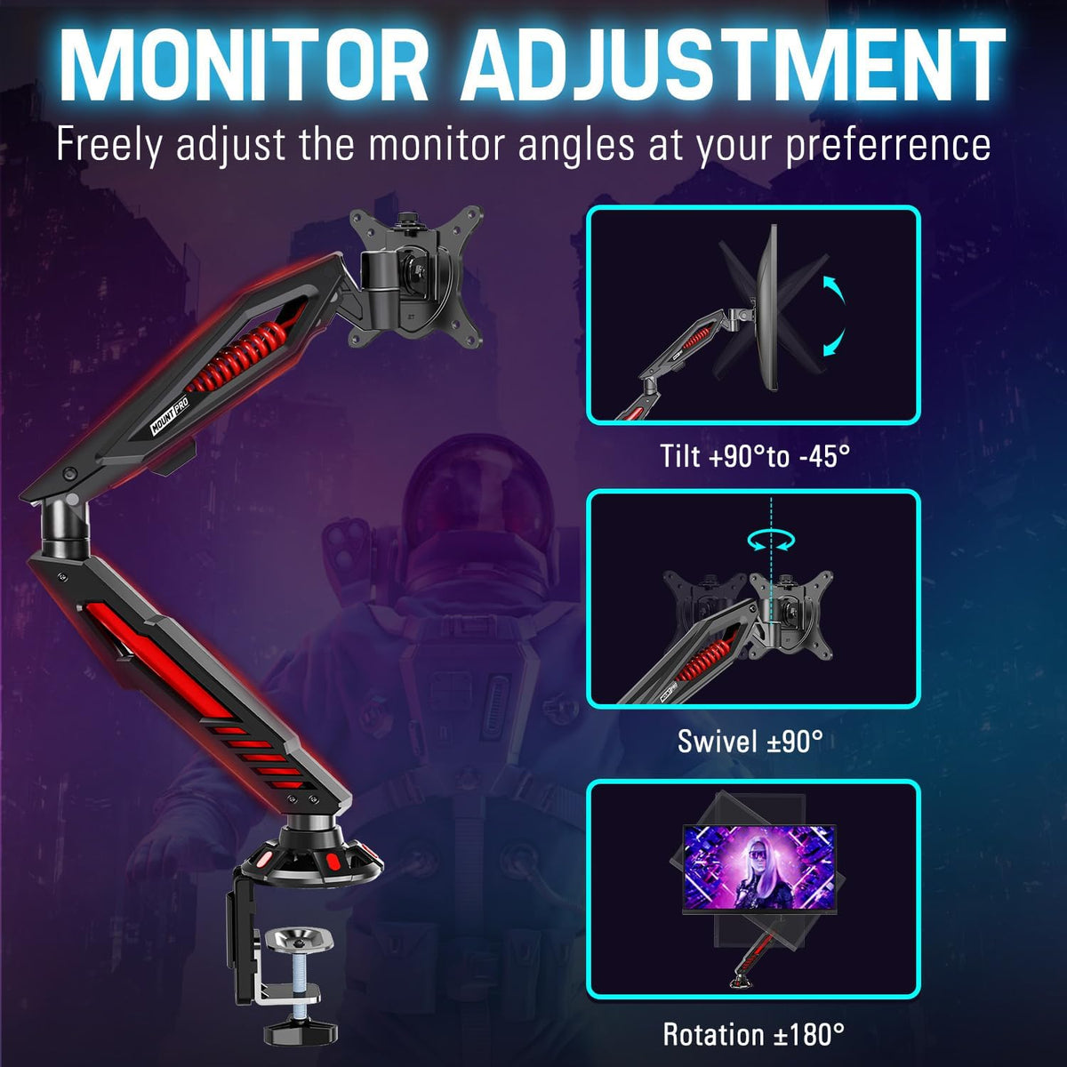 MOUNT PRO Single Gaming Monitor Stand - Mechanical Spring Display Mount, Adju...
