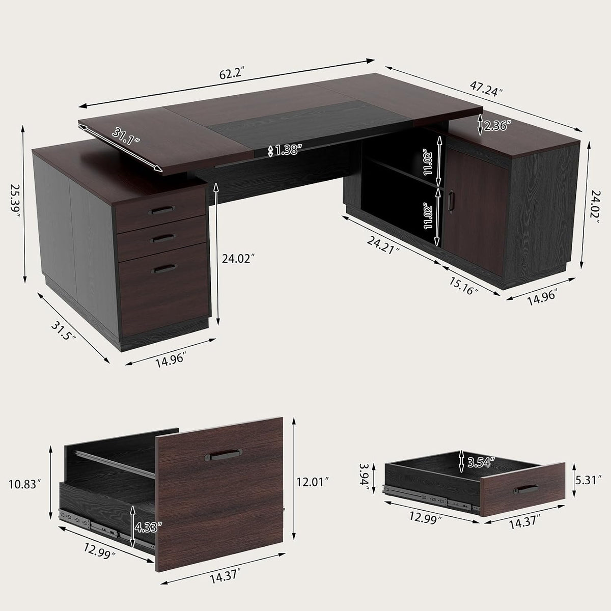 Epecoya 78-Inch Executive L Shape Desk with Storage, Dark Brown Black