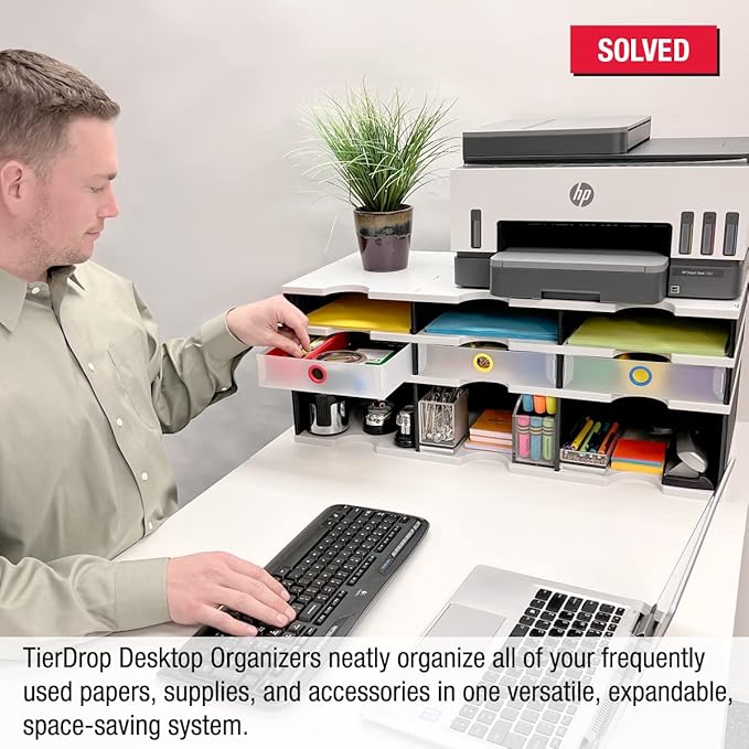 Desktop Organizer 6 Letter Tray Sorter Plus Riser Storage Base & 3 Supply - Image 3