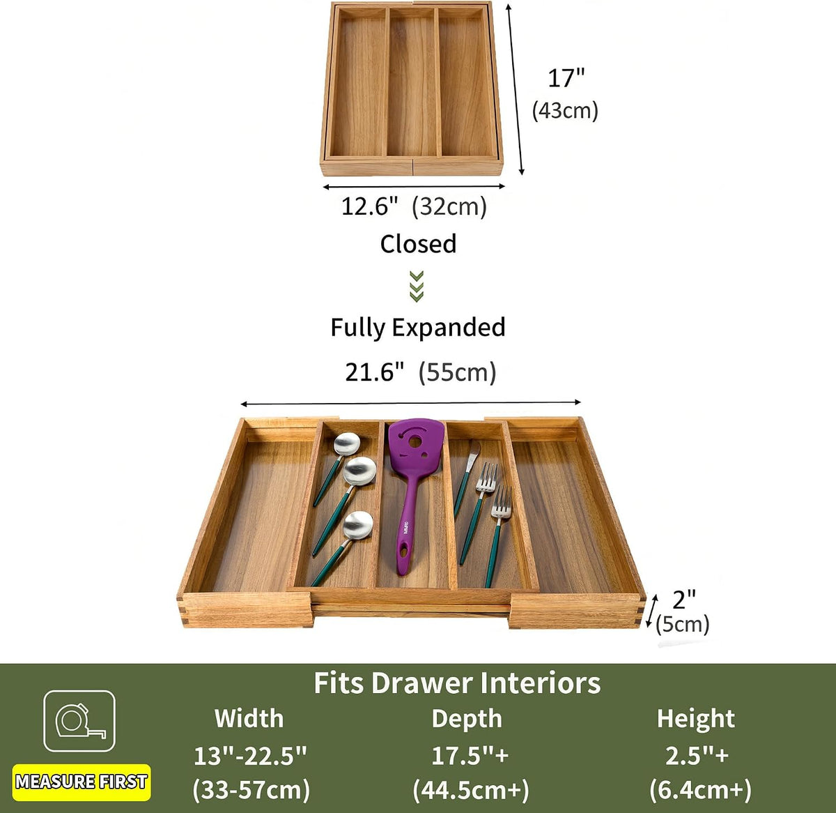 Utoplike Acacia Kitchen Drawer Organizer Expandable, Utensils Cutlery Tray