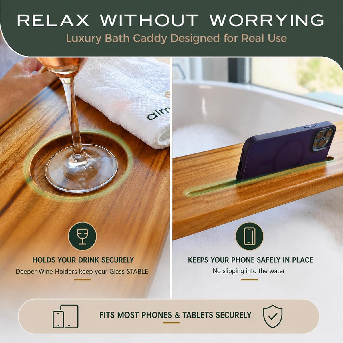 Fjord 29" Premium Teak Bathtub Tray for Small & Standard Tubs