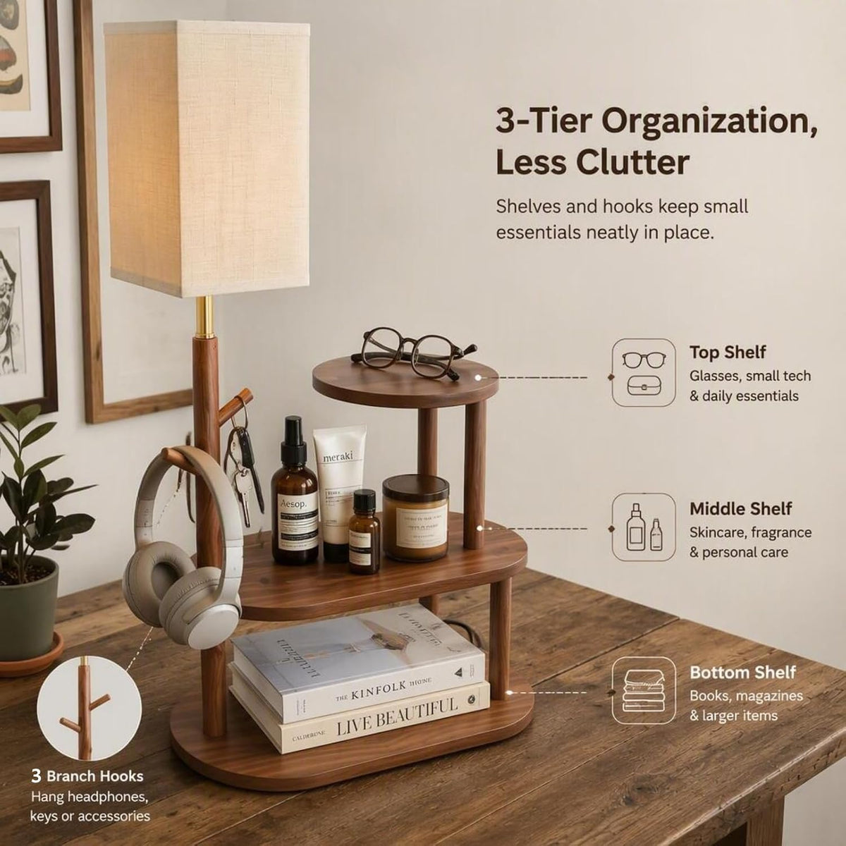 22" Desk Table Lamp with LED Bulb for Bedroom, Unique Wooden Tree Trunk