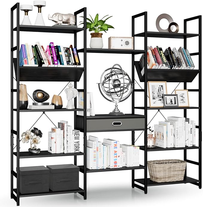 NUMENN Triple Wide 5 Tier Bookshelf, Adjustable Rustic Industrial Style Book by NUMENN