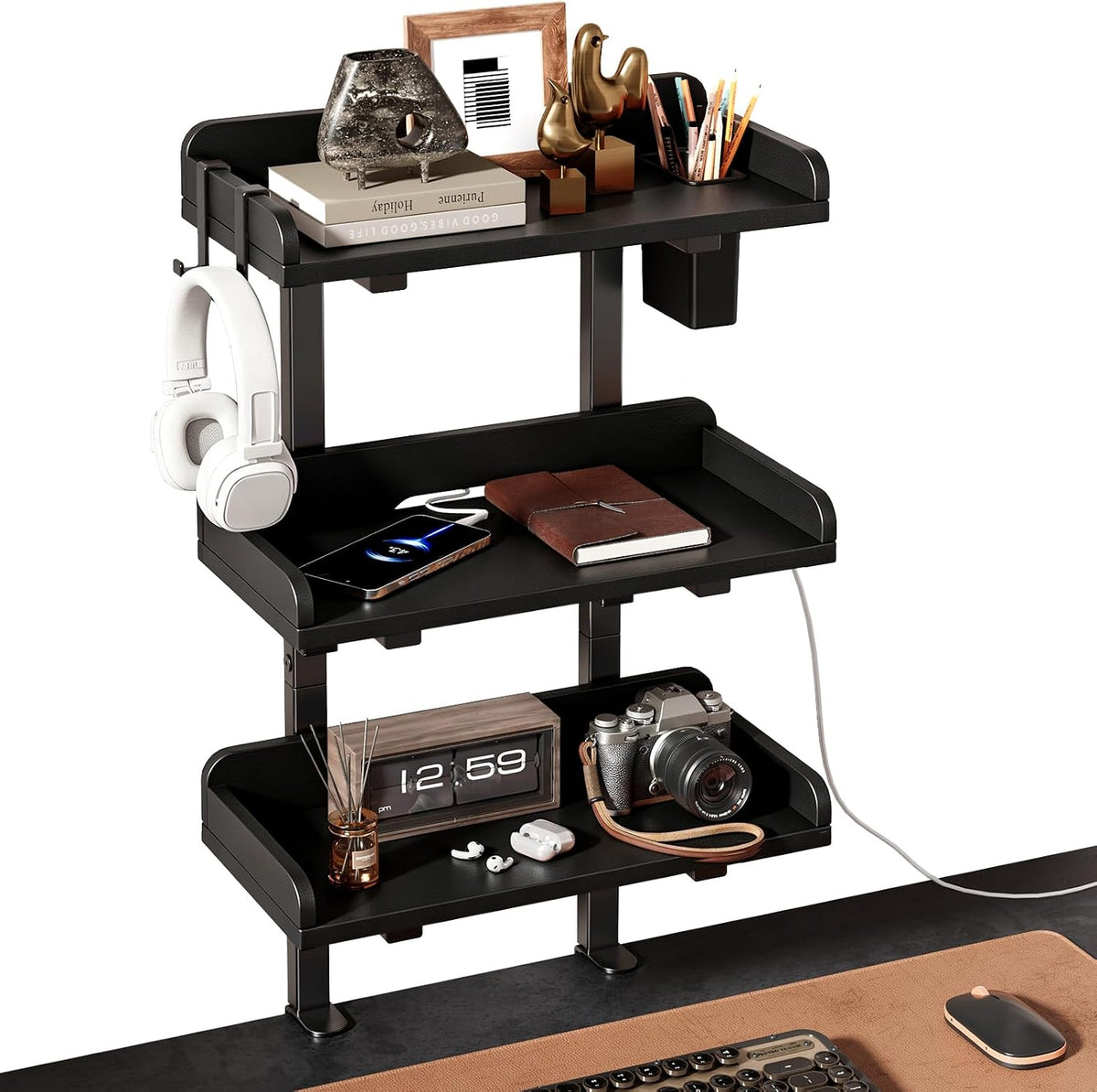 3-Tier Clamp on Wood Desktop Shelf, Adjustable Height Office Desk Organizer