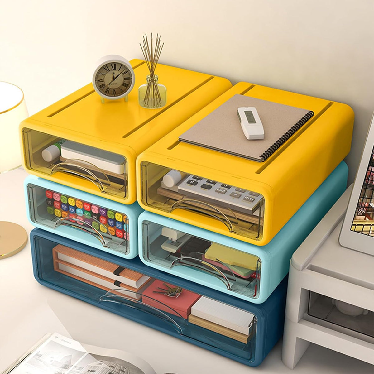 Desk Organizer with Drawers, Stackable Storage Drawers with Compartments Desk...