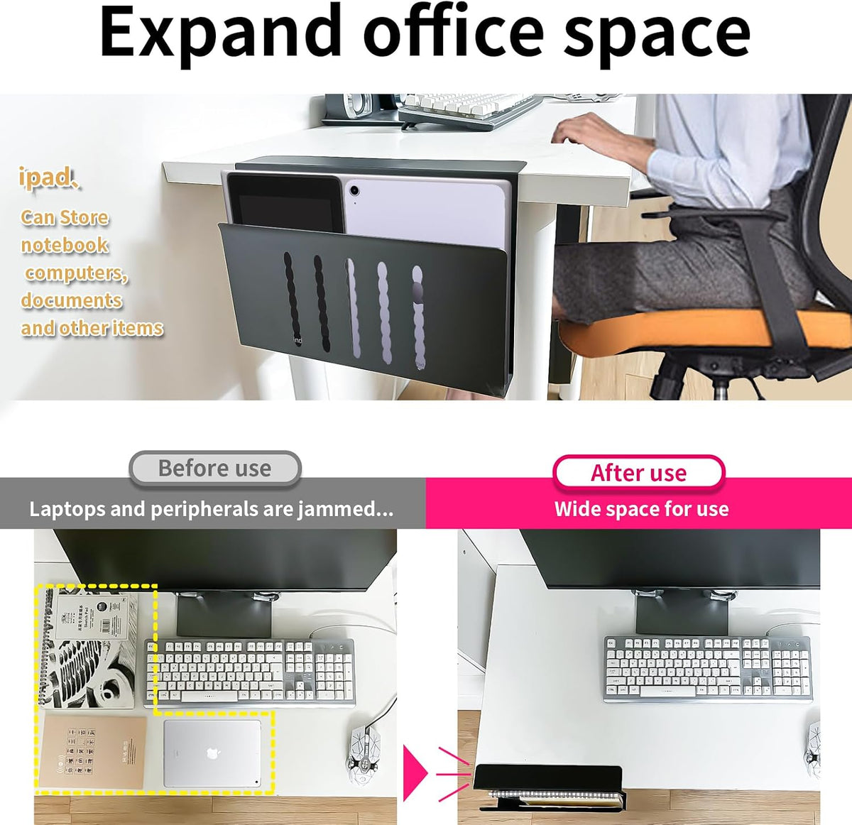 Desk Side Storage, Under Desk Storage, No Drill Steel Hanging Desk Organizer,...