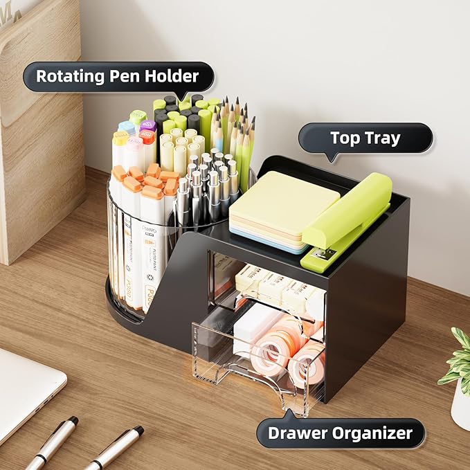 Marbrasse Desk Organizer with 2 Drawer, 360°Rotating Pen Holder, Desk - Image 2