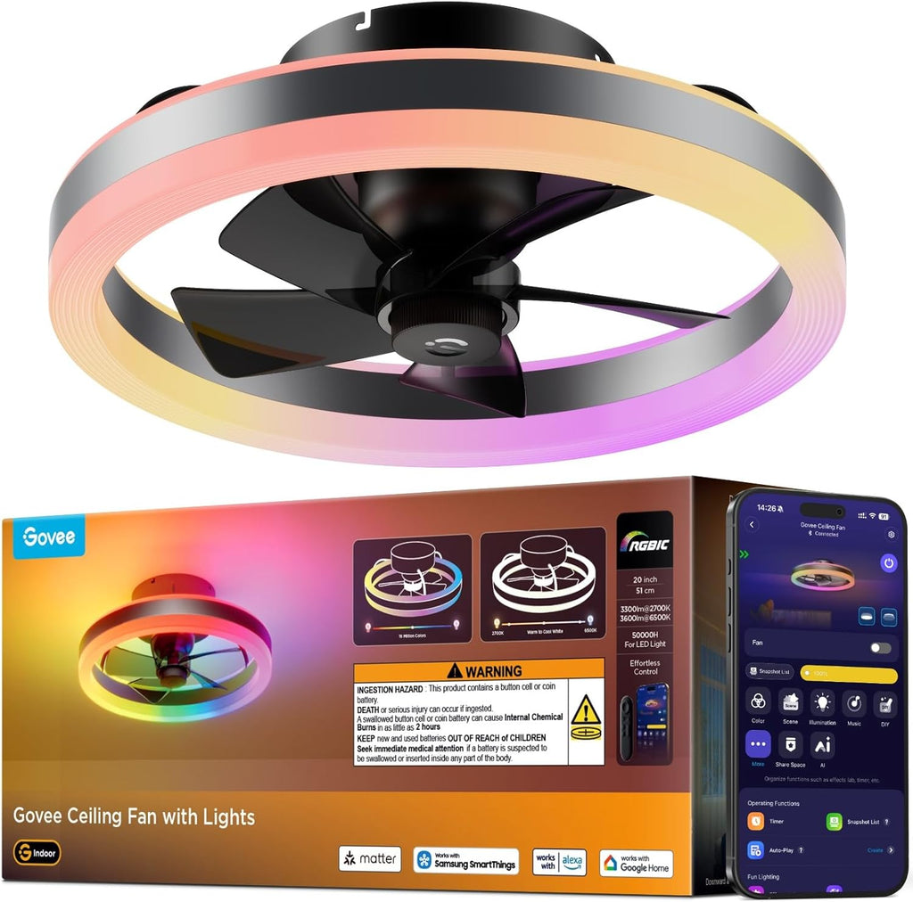 govee ceiling fan with lights, 20'' rgbic fandelier, main product view