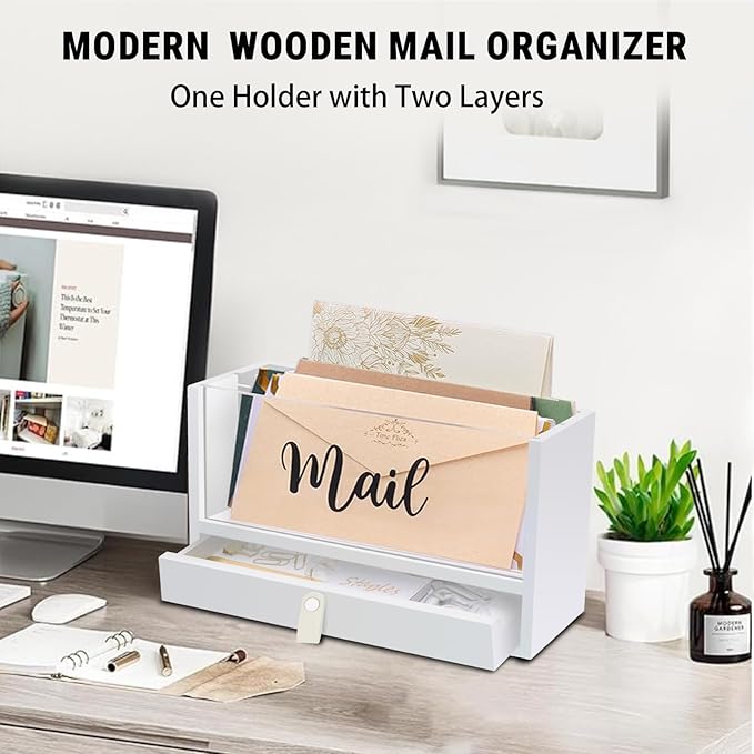 Two-Layer Solid Wooden Mail Storage Organizer Holder - Image 2