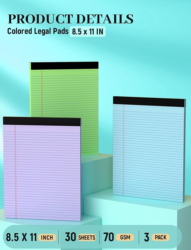 Aidunmis Colored Legal Pads, 3 Pack Writing Pads 8.5 x 11, Note Pads 8.5 x 11 - Image 2