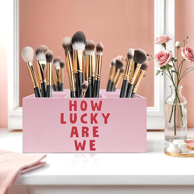 Exqcom Pink Positive Quotes Makeup Brush Holder, How Lucky Are We Pen Holder - Image 5