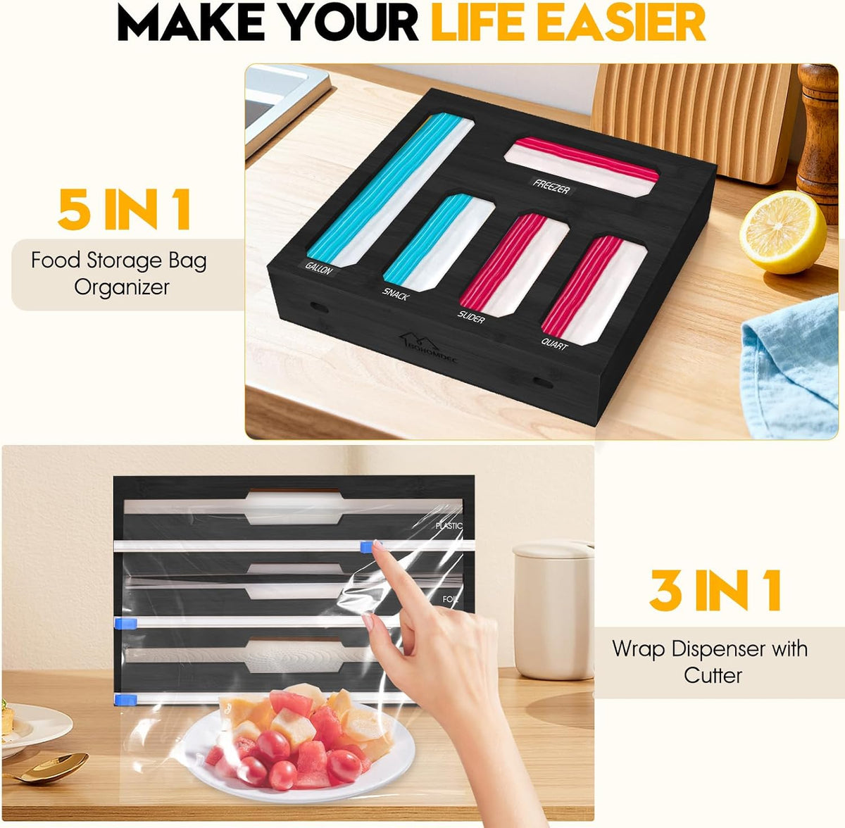 9 in 1 Foil and Plastic Wrap Dispenser with Cutter, Black Bamboo Ziplock Bag ...