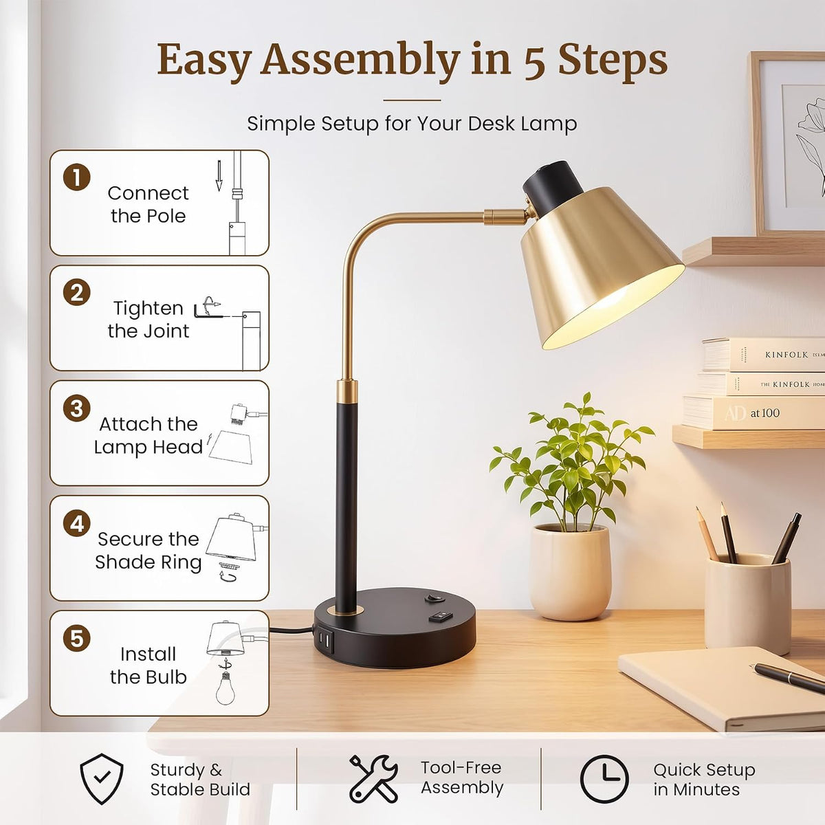 Desk Lamp with USB-C, USB-A and AC Outlet, Adjustable E26 Table Lamp for Home...