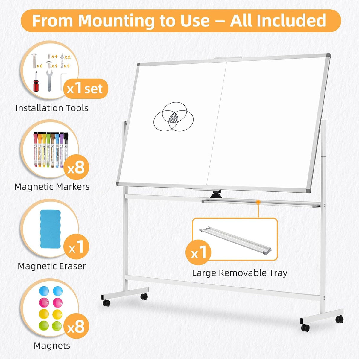 Rolling White Board on Wheels, 72" x 40" Dry Erase Whiteboard with ...