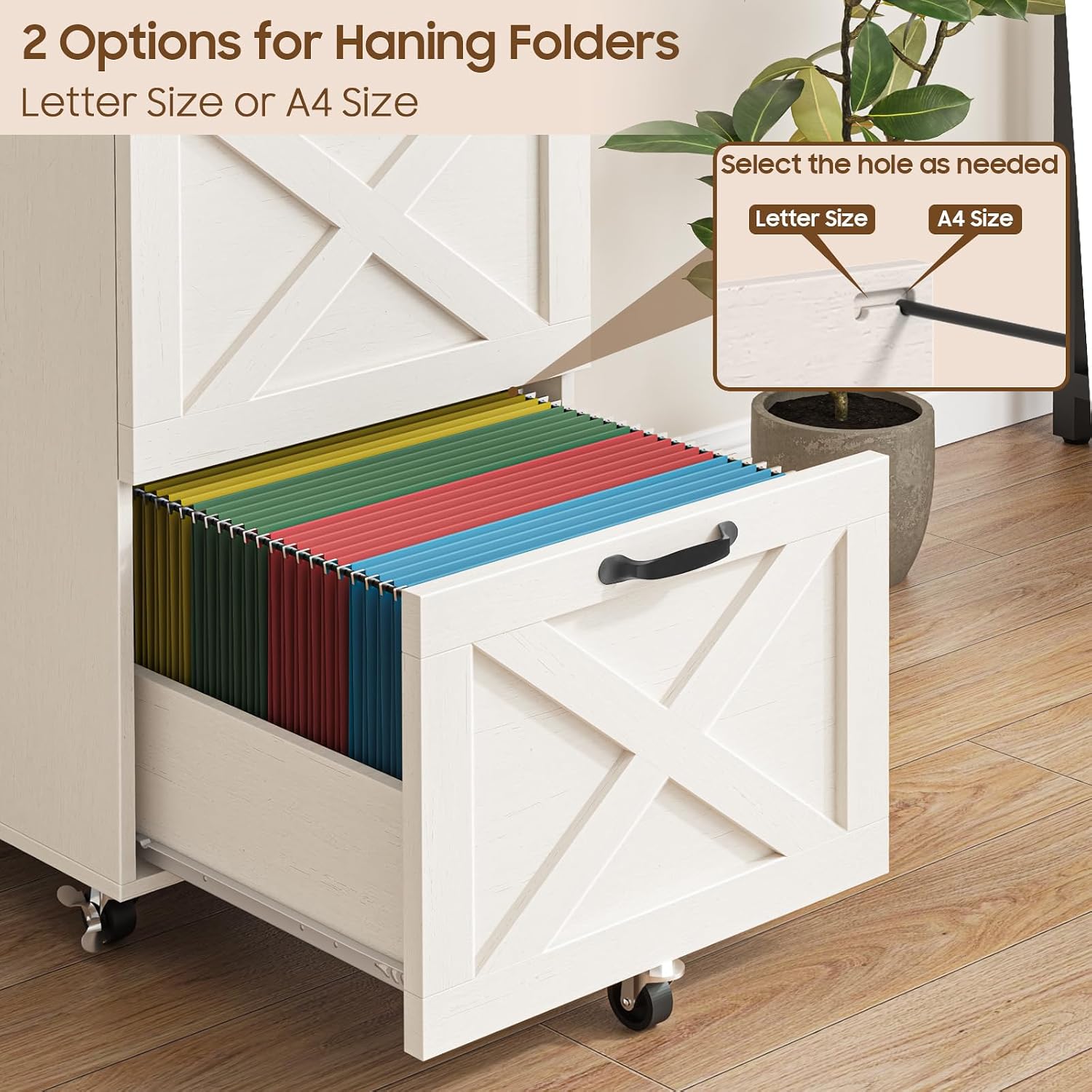 3 Drawers Farmhouse File Cabinet with Wheels for Home Office, Rustic White | Halitaa Vertical Filing Cabinet Fits Letter/A4 Size, Rolling File Cabinet Wooden Printer Stand for Home Office