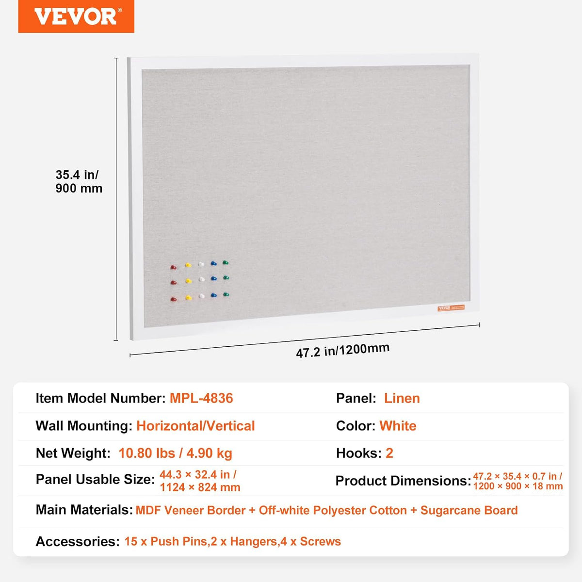 VEVOR 48"x36" White Cork Board with Linen Surface – Stylish Wall-Mo...