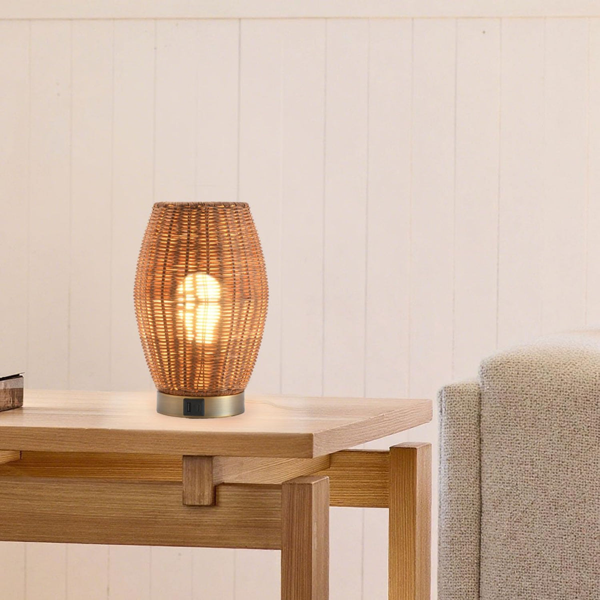 Boho Style Rattan Table Lamp,Dimmable Bamboo Desk Lamp,Touch & USB Charge...