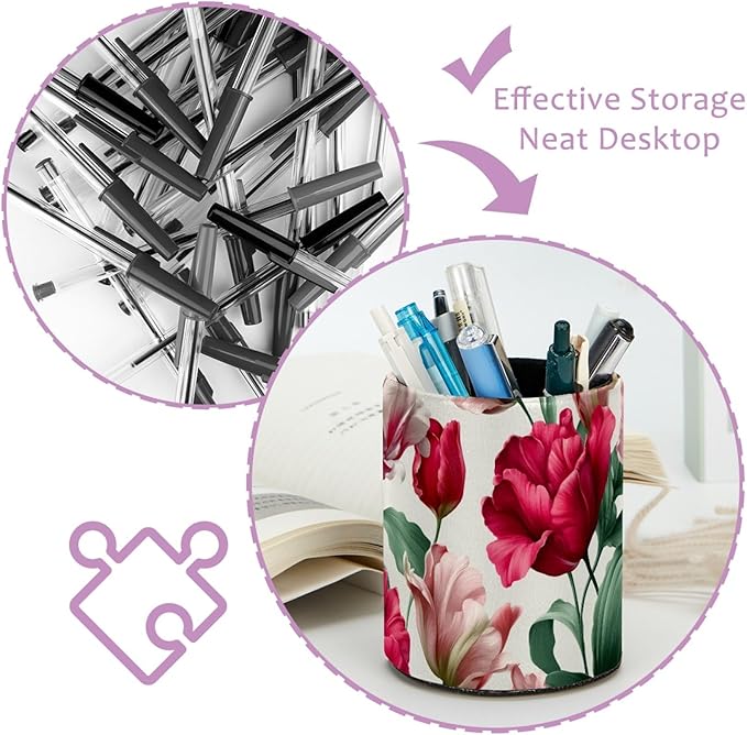 Leather Pen Holder for Desk Tulips Pattern Pencil Cup Desktop Organizer Makeup - Image 4