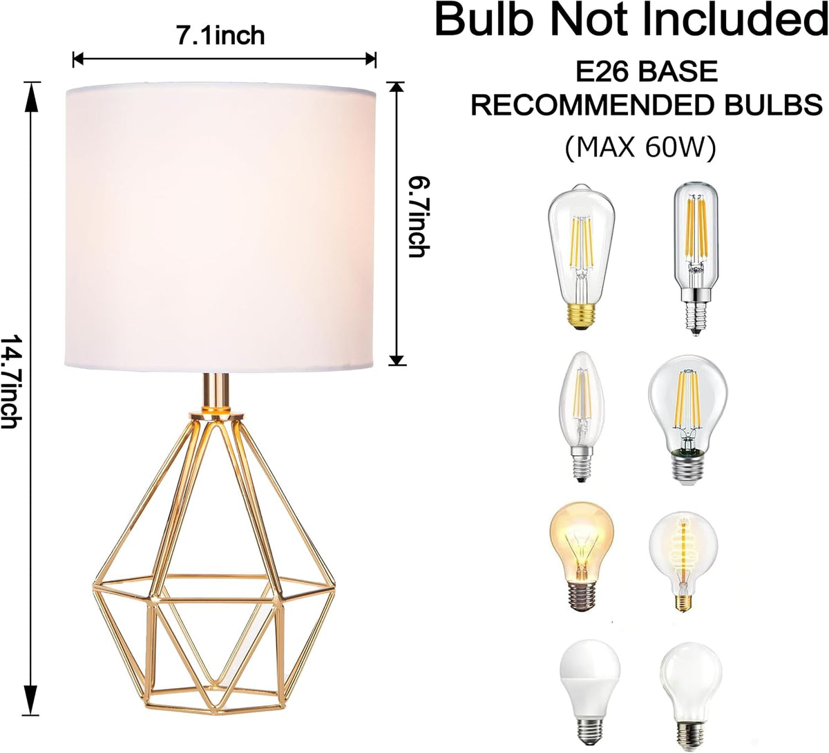 Small Gold Table Lamp Set of 2, Bedside Nightstand Lamps with White Shade, Ho...
