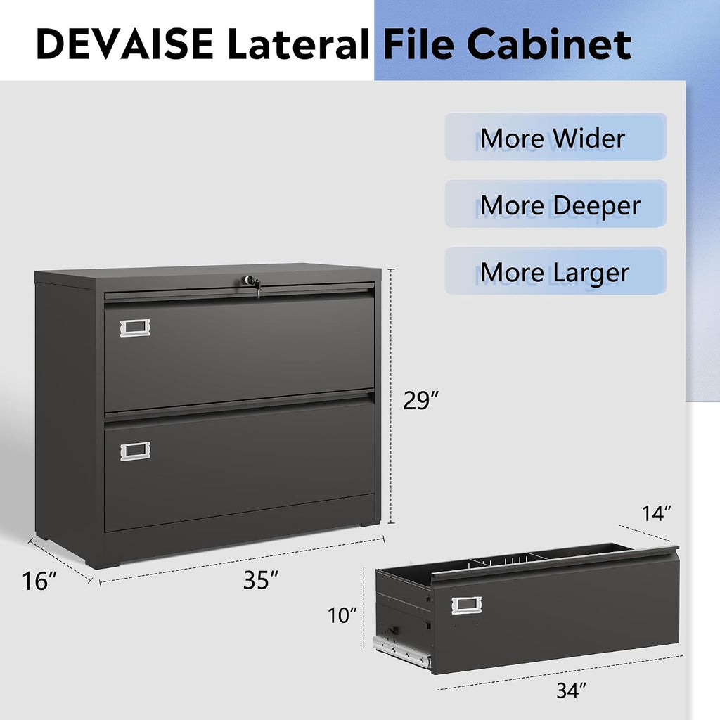 DEVAISE 2 Drawer Lateral File Cabinet, Assembly Required | Wide Metal Filing Cabinet with Lock for Letter/Legal/F4/A4 Hanging Files, Storage Cabinet, Black