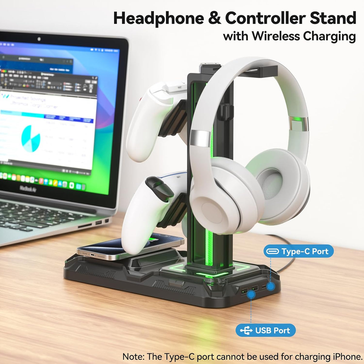 KDD Headphone & Controller Stand with Wireless Charging - Rotatable Heads...