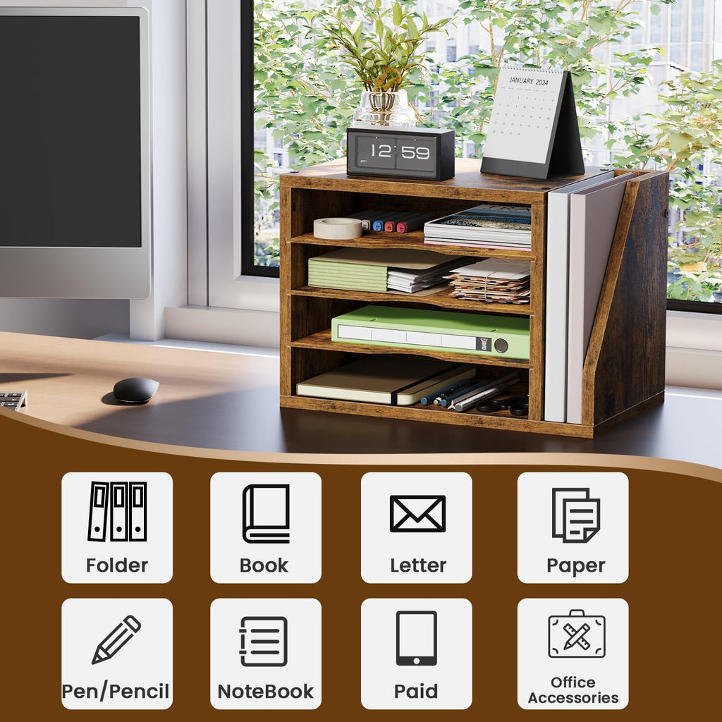 wooden mail organizer, desk organizer with 3 adjustable showing dimensions