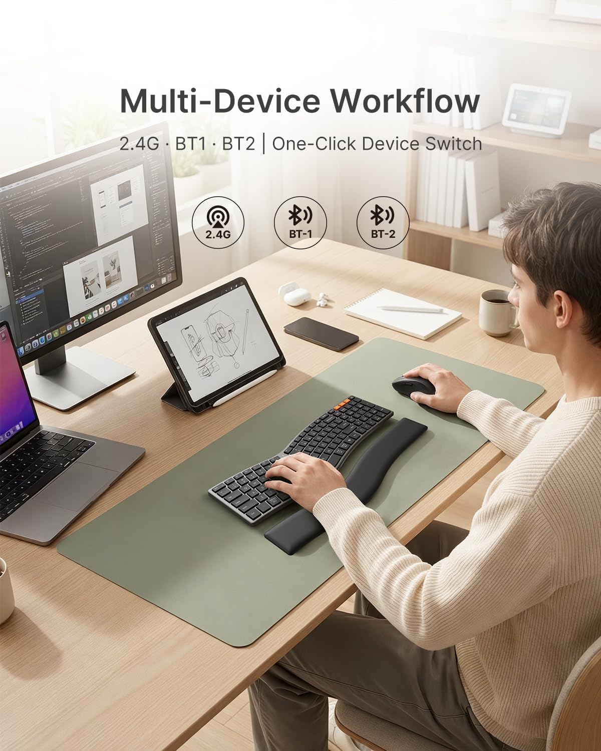 MEETION Slim Ergonomic Keyboard and Mouse with Separate Wrist Rest, Black