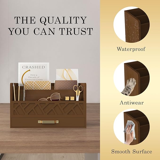 WISUCART Bamboo Mail Organizer Countertop Wood Desk Organizer Drawer Tabletop - Image 3