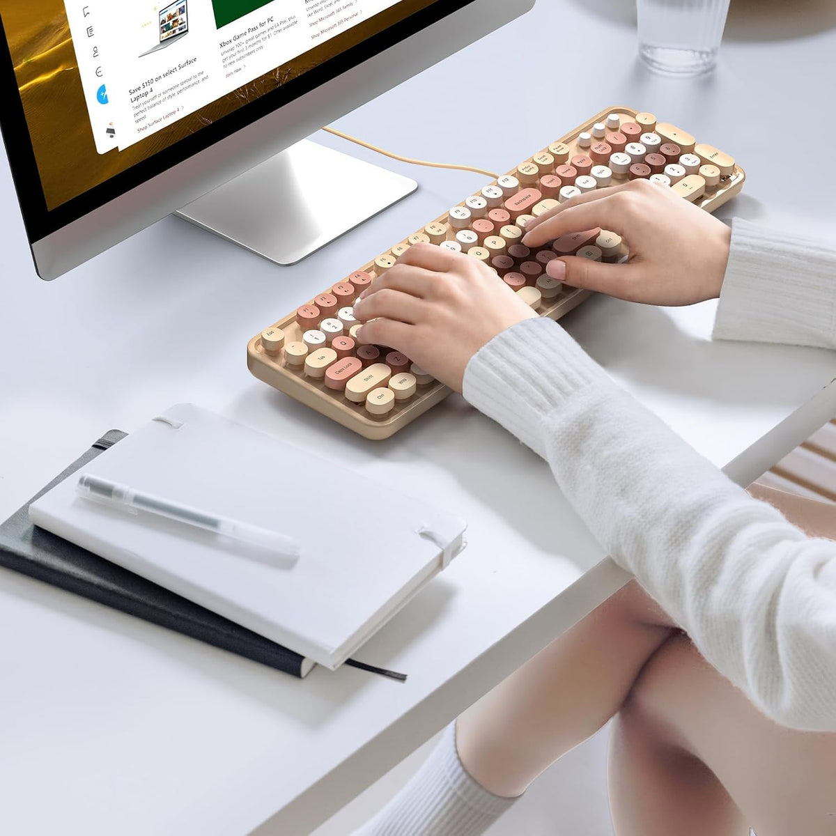 KNOWSQT Wired Computer Keyboard - Milk Tea Colorful Retro Full Size Round Key...