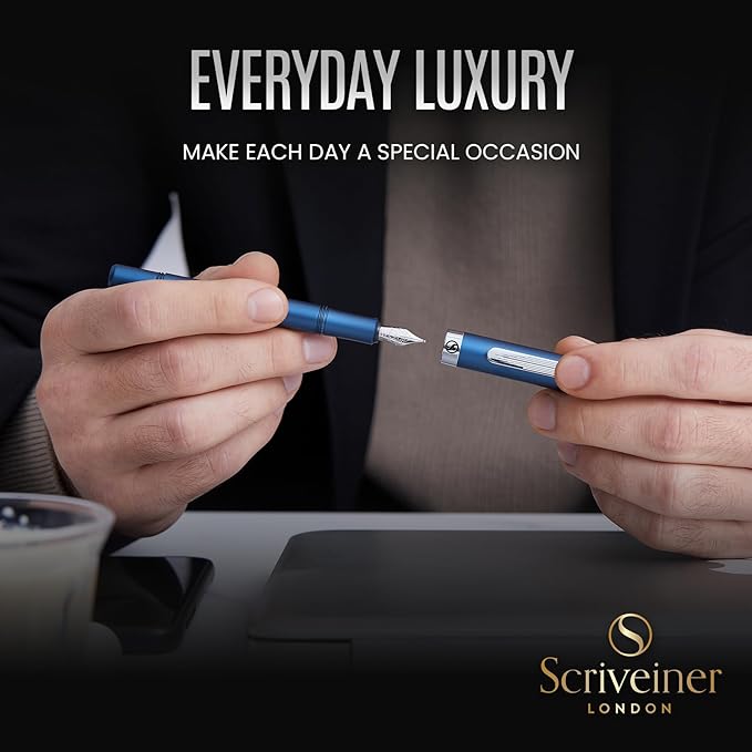 Scriveiner Luxury EDC Fountain Pen, Stunning Matt Blue Pocket Pen, Chrome Finish - Image 8