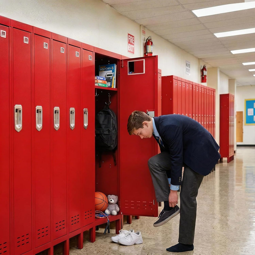 KAER Red Locker 54" H Metal Storage Locker Lockable Kid Sport Locker Employees Steel Locker with Door Shelf Mirror & Hooks for Home School Gym Office