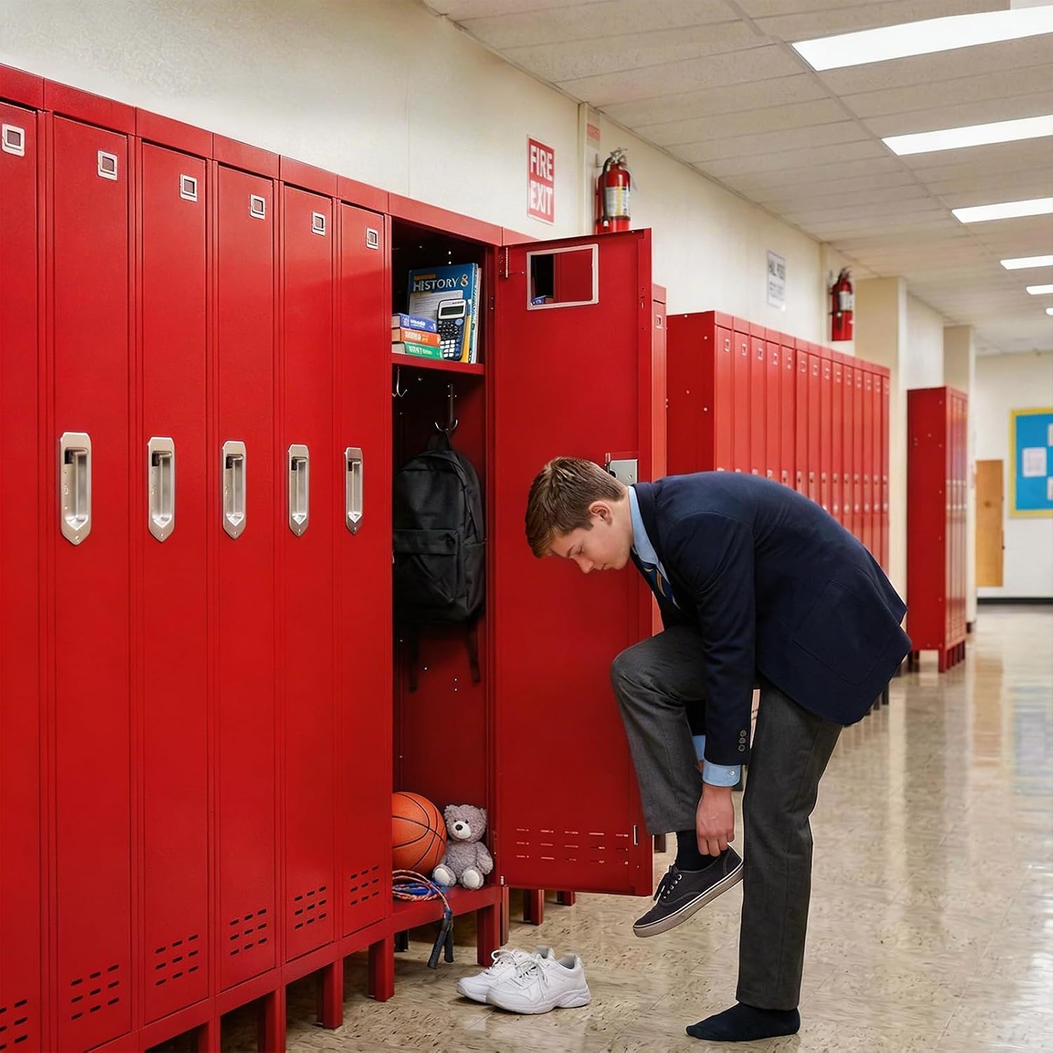 KAER Red Locker 54" H Metal Storage Locker Lockable Kid Sport Locker Employees Steel Locker with Door Shelf Mirror & Hooks for Home School Gym Office