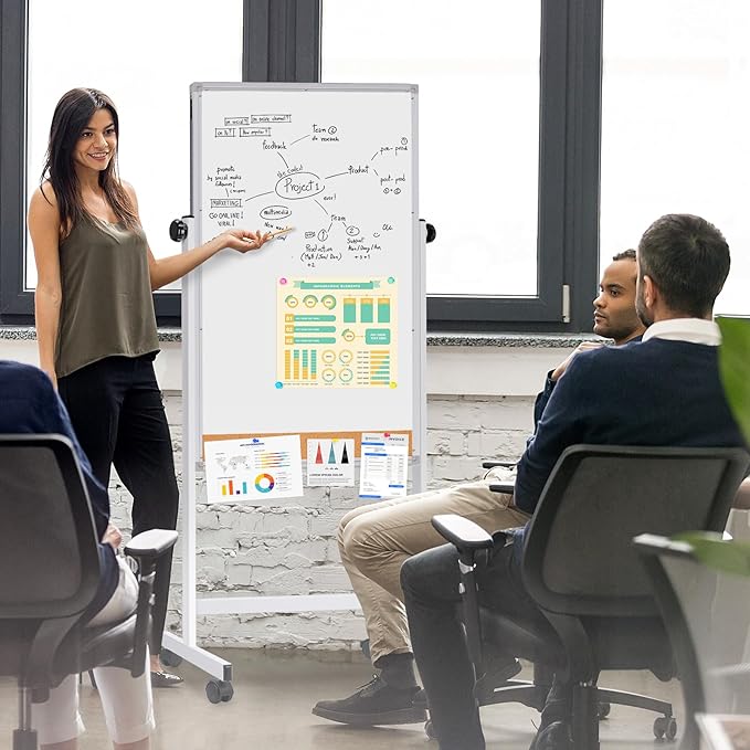 maxtek Rolling White Board, 44x28 Inches Magnetic Cork Board Combo, Portable - Image 2