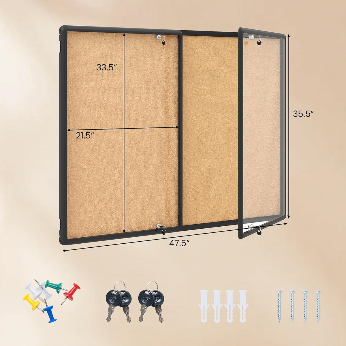 Goplus Enclosed Bulletin Board, 47.5” x 35.5” Lockable Cork Notice Board