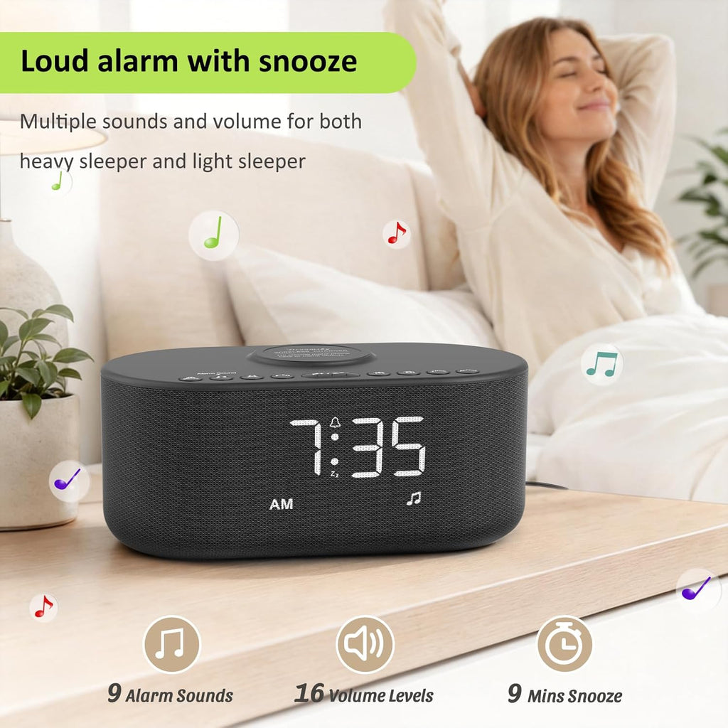 dreamsky alarm clock radio with wireless charging and, front angle view