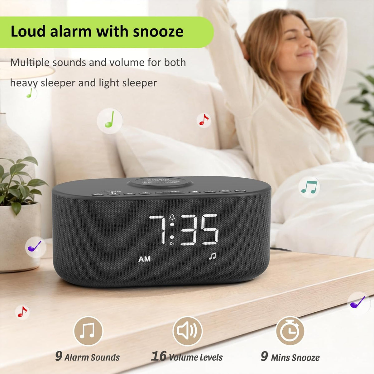 dreamsky alarm clock radio with wireless charging and, front angle view