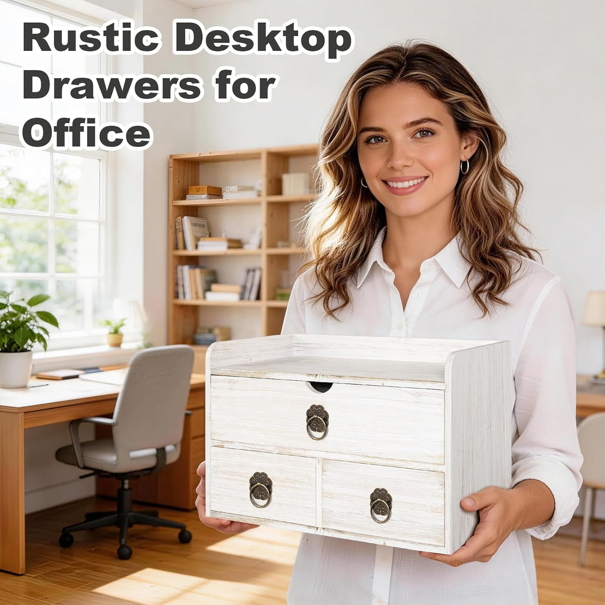 wood desk organizer with drawer, white wooden desktop, side view