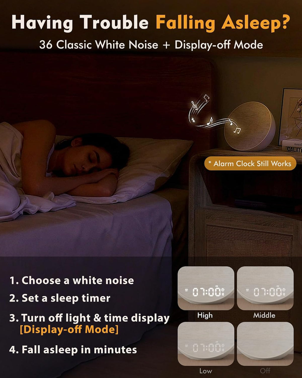 sunrise alarm clock with sound machine, bluetooth speaker, side view