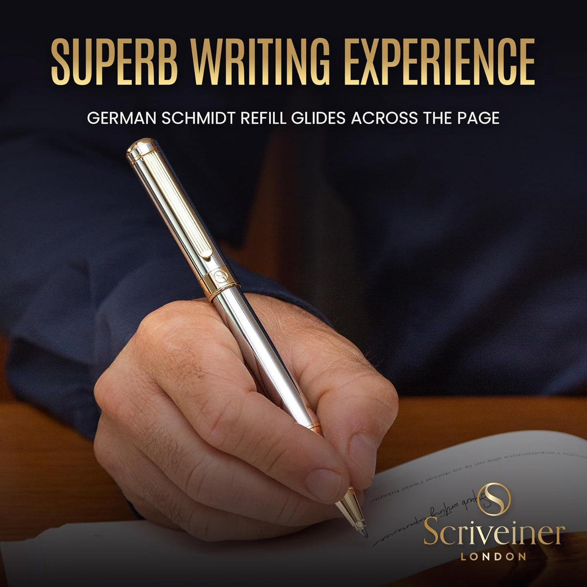 Scriveiner Silver Chrome Rollerball Pen - Stunning Luxury Pen, Real Gold Plat...